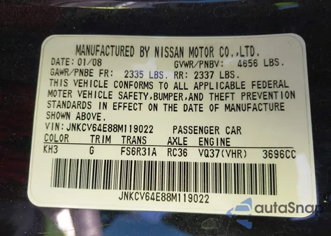 2008 Infiniti G37 Sport from USA, damaged, VIN JNKCV64E88M119022